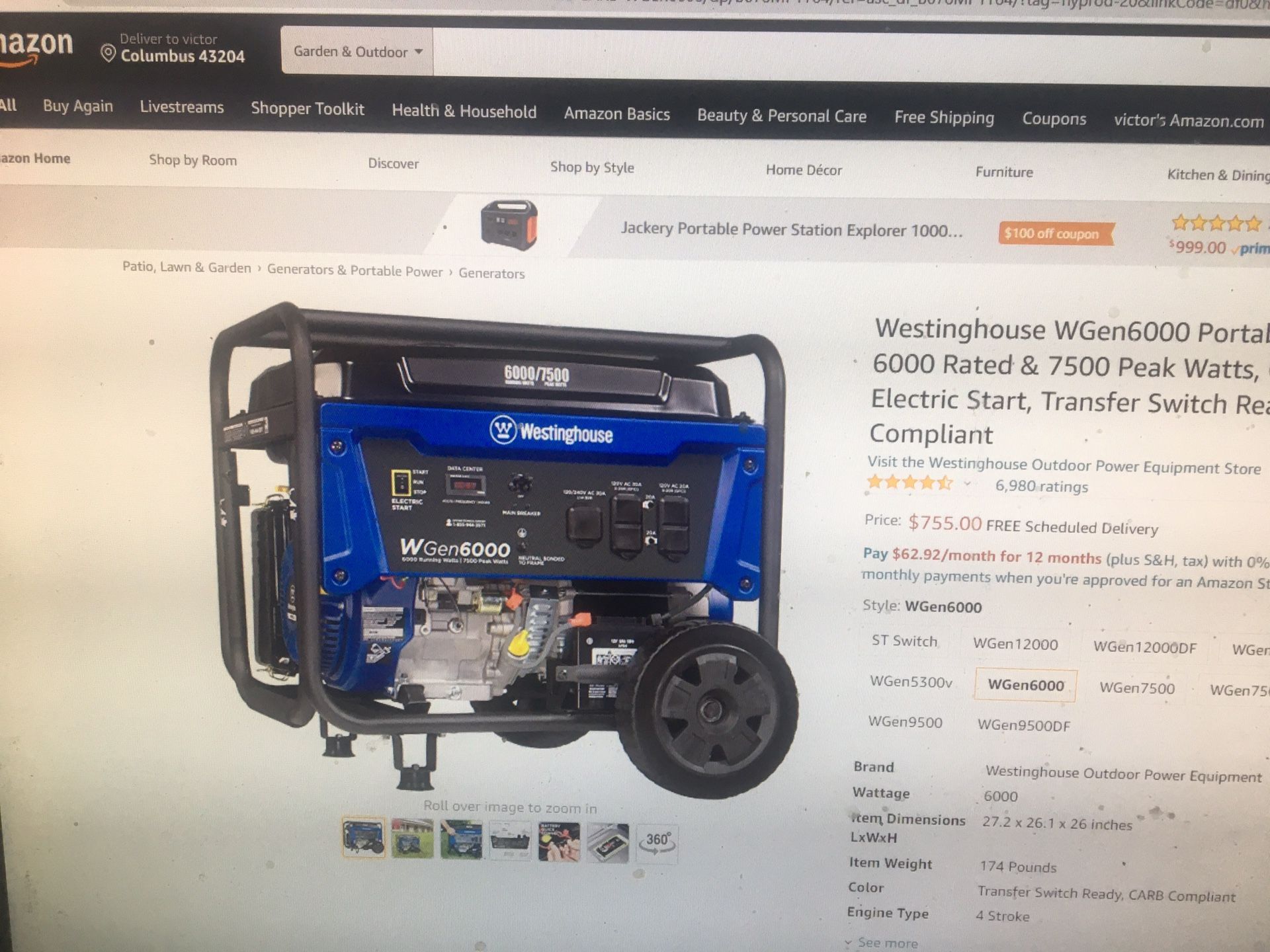 New Gas Westinghouse Generator 7500 Electric Start 