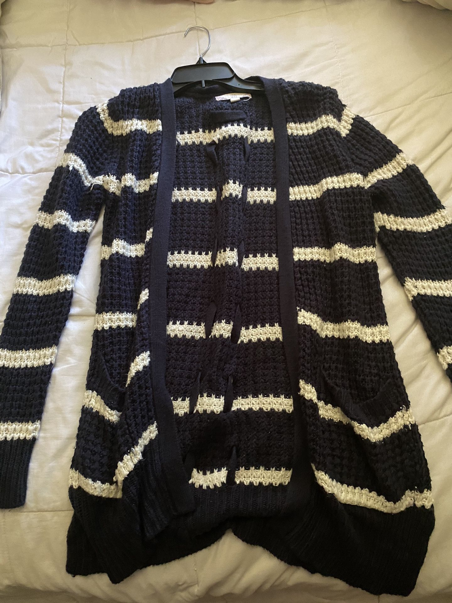 Dark Blue And White Striped Cardigan