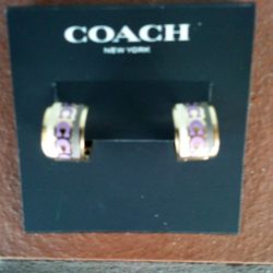 Coach: Gold Purple Cream Hoop Earrings