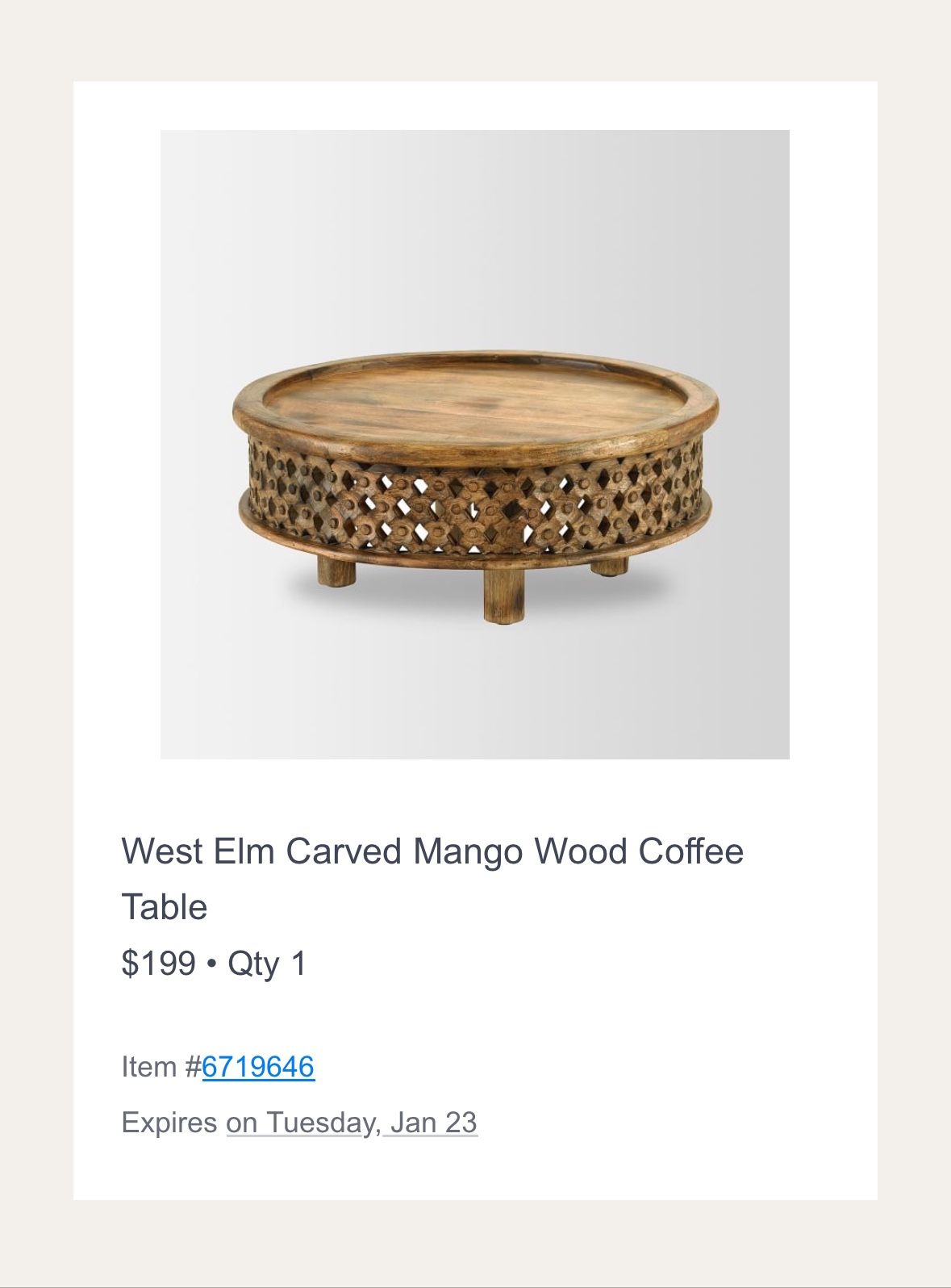 West elm Hand Carved Wood Coffee Table