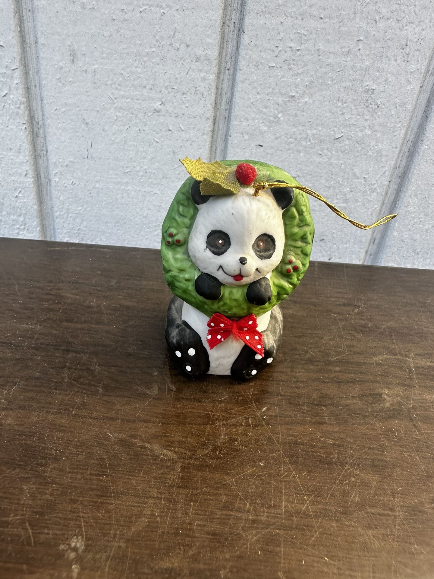 Vintage Giftco "Holly Bells" Panda Bear with Holiday Wreath, Hand Painted, Fine Bisque Porcelain Bell 80's Christmas Ornament, Panda Bell
