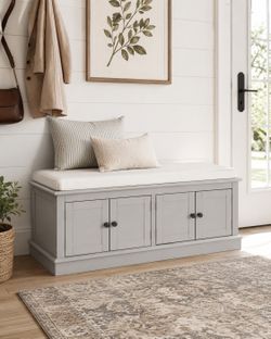 Entryway Storage Bench with Cushion – Shoe Bench Cabinet, Hallway Furniture, Bedroom Storage Seat