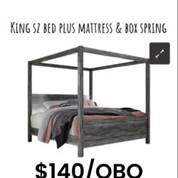 King Sz Grey 4 Poster/Canopy Bed WITH Mattress & Boxspring