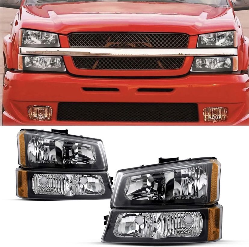 New In Box 4 Piece Headlamps For Silverado 2003 to 2006. Fits 1500, 2500 and 3500. Also fits Chevy Avalanche 2003 to 2006.