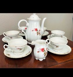White Porcelain Tea Set with Rose Floral Pattern