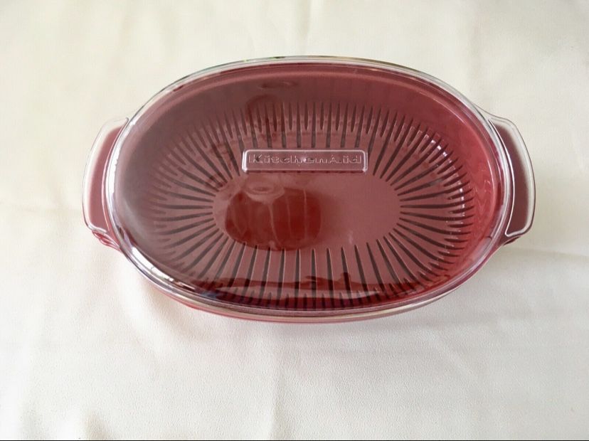 KitchenAid Microwave 3-PC Steamer Cooker w/ Lid 13"x9" Oval Casserole Dish Red