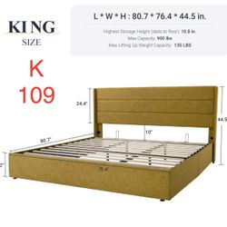 K109 [K109] King Size Lift Up Storage Bed, Modern Wingback Headboard, No Box Spring Needed, Hydraulic Storage, Olive Yellow