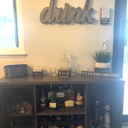 Dark Gray Oak Coffee Bar & Liquor Cabinet With Color Lighting, Wine Rack Storage,  55 Inch Asking $240 OBO