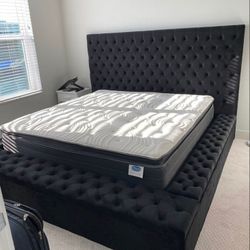 Brand New Platform Black/Grey Upholstered King And Queen Storage, Step, Round Bed Frame - Mattress 