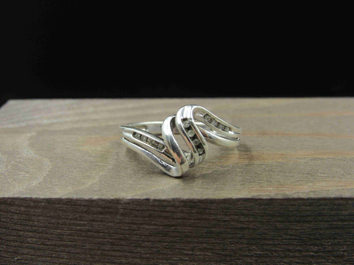 Size 7 Sterling Silver Multiple Small Real Diamonds Band Ring Vintage Statement Engagement Wedding Promise Anniversary Cocktail
