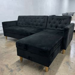 Black Sectional Microfiber Couch (Storage And Bed) 