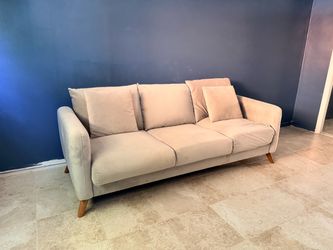 Mid-Century Modern Beige Velvet 3-Seater Sofa READ DESCRIPTION