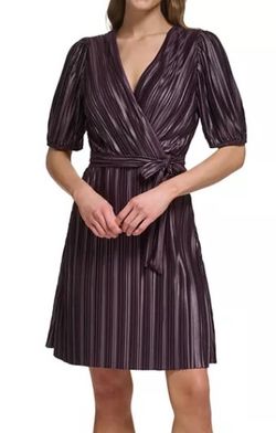 DKNY Women’s Short Sleeve Pleated Faux Leather Dress