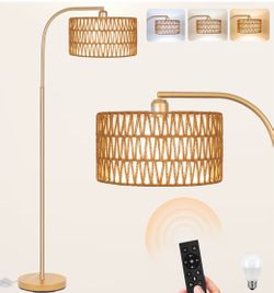 Boho Floor Lamp for Room, Rattan Standing Lamps with Dimmable Bulb, Adjustable 2-in-1 Lampshades Arc Floor Lamp Over Couch Lamps for Living Room, Bedr