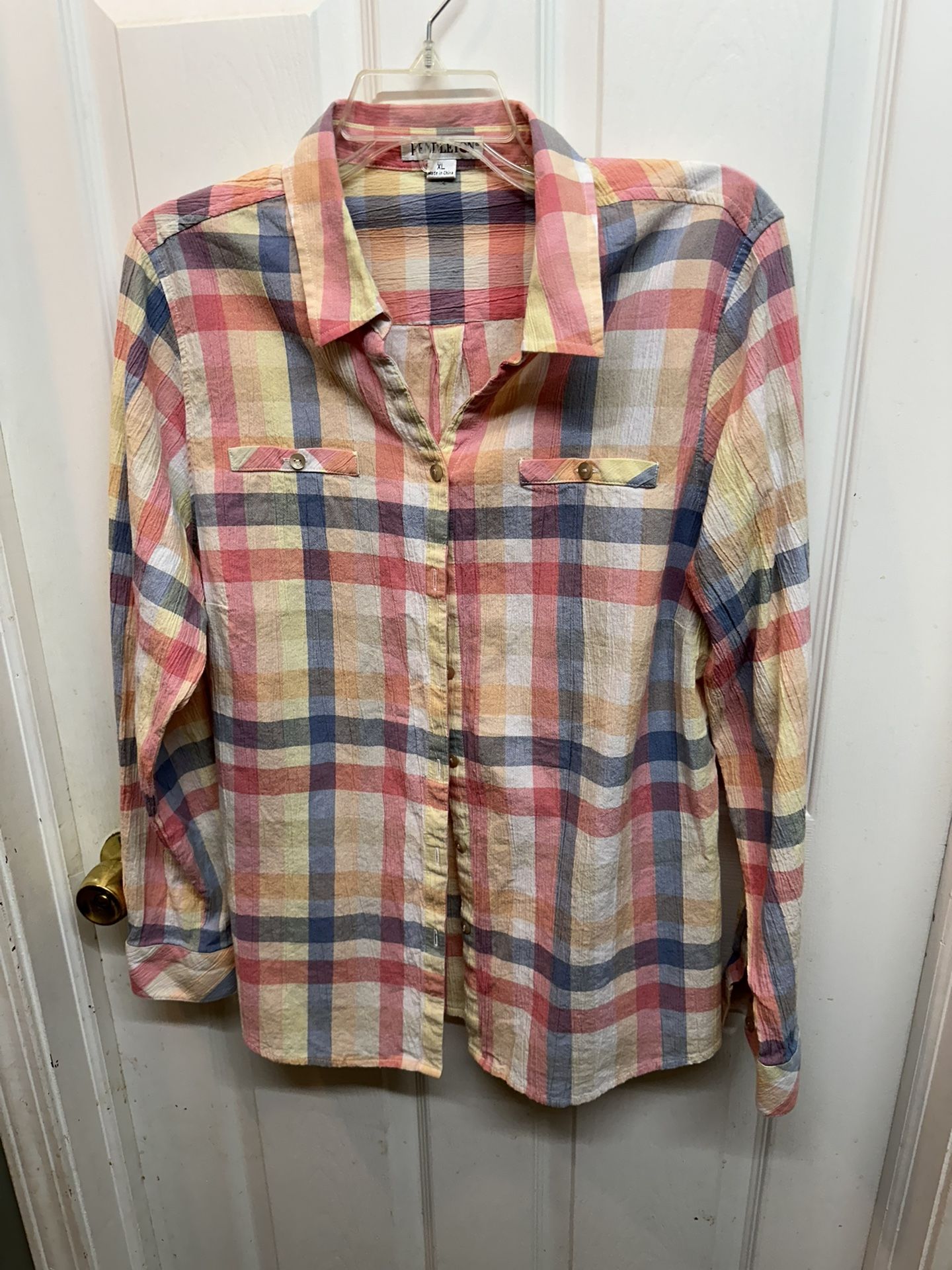 Pendleton Women’s Pink, Yellow & Blue Plaid Cotton Button Down Shirt Size XL Great Condition