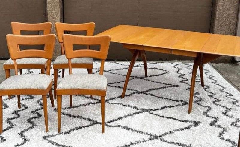 beautiful 1950's high quality Heywood Wakefield solid birch Wishbone DINING TABLE, LEAF, and 4 Dog bone CHAIRS