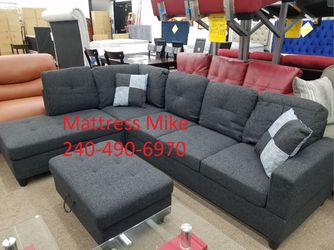 New in stock black gray linen sectional with storage ottoman and pillows