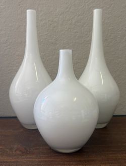 Set of Three White Hand Blown Vases