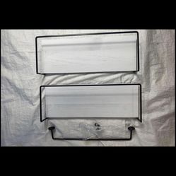 2 piece white floating wood shelves with railings and screws. 15.75 x 5.75 x .75 in