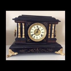 Professionally Refurbished Working Antique Welch Espresso & Brass Mantel Clock w/ Original Key