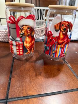 Christmas Dachshund Glass Can Cups with Bamboo Lids