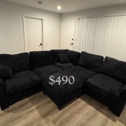 Gorgeous! Black sectional sofa with ottoman corduroy fabric new