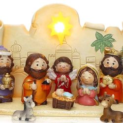 11 Pcs Mini Christmas Nativity Set Little People Nativity Set Nativity Scene with Light Miniature Manger 10 Rearrangeable Figurines Decor Religious Fi