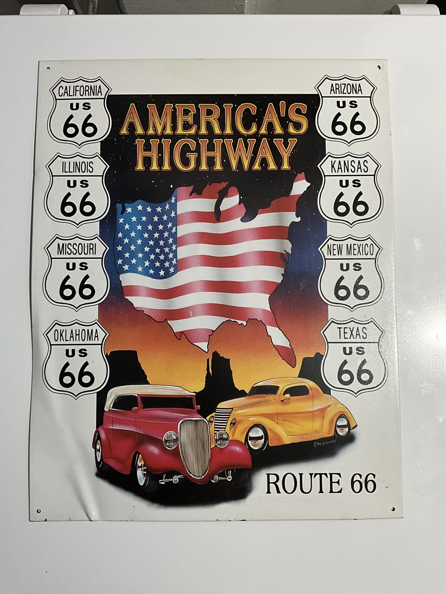 Vintage 1995 Route 66 Americas Highway Metal Classic Hot Rod Sign