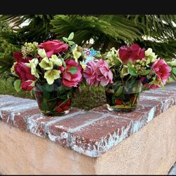 Set Of Artificial Flower Arrangement In A Glass Vase