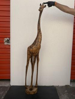Large 5 Ft Hand Carved Wooden Giraffe Statue – 60” Tall