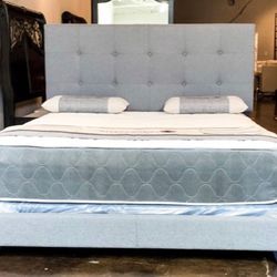 New Queen Size Grey Linen Bed Frame With Mattress And BoxSpring. (And Free Delivery)