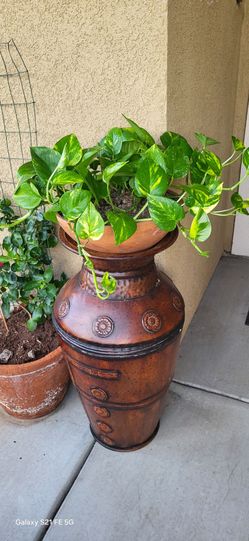 Boho Floor Vase Planter Set with Live Golden Pothos | 28" Bronze Metallic Decor