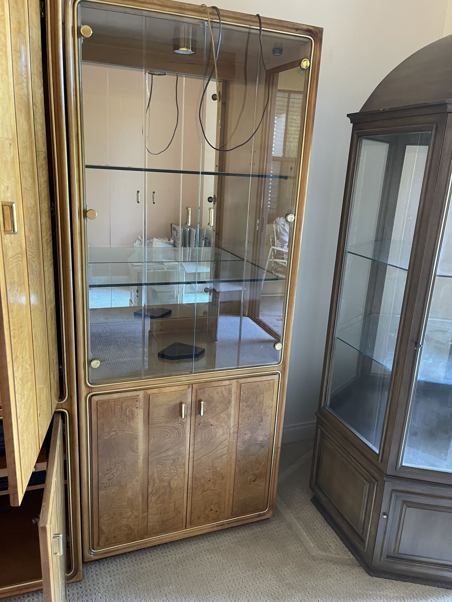 GORGEOUS POST MID CENTURY MODERN BURLWOOD CABINET  DISPLAY CASE CURIO SECRETARY CHINA CRYSTAL DESK BOOK SHELF 