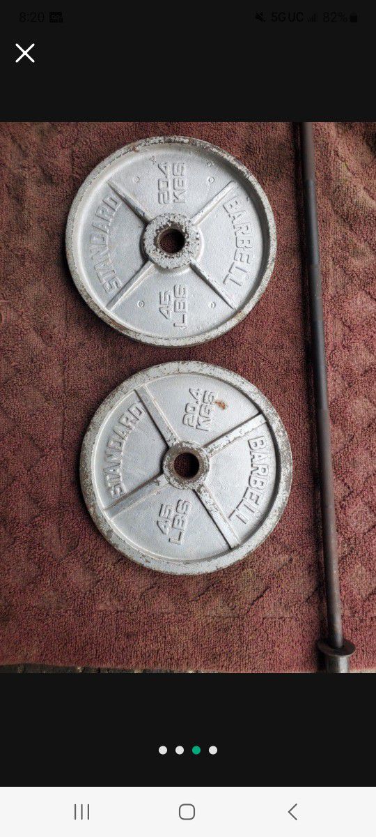 2" HOLE OLYMPIC PLATES AND 7' BAR 
SET OF 45s PLATES  BLK BAR WITH CLIPS  AND EZ-CURL BAR 
7111.S WESTERN WALGREENS 
$130. CASH ONLY AS IS
