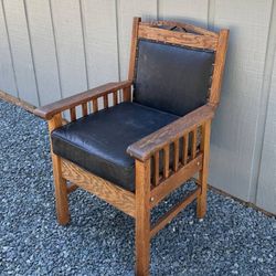 Antique Mission Oak Wood And Leather Accent Arm Chair