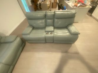 Teal Leather Reclining Loveseat with Console