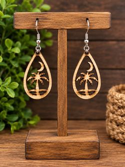 Wood Palm Tree Teardrop Dangle Earrings