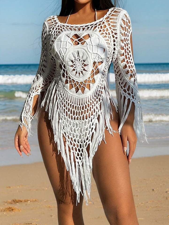 SHEIN White Crochet Knit Beach BIKINI COVER UP WITH FRINGES