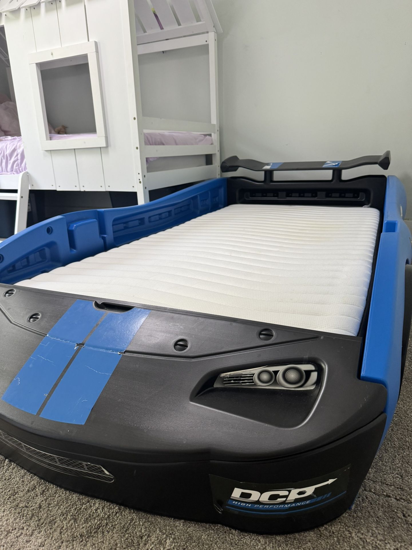 Blue Race Car Frame + Twin Bed for Kids – Sturdy & Fun Design