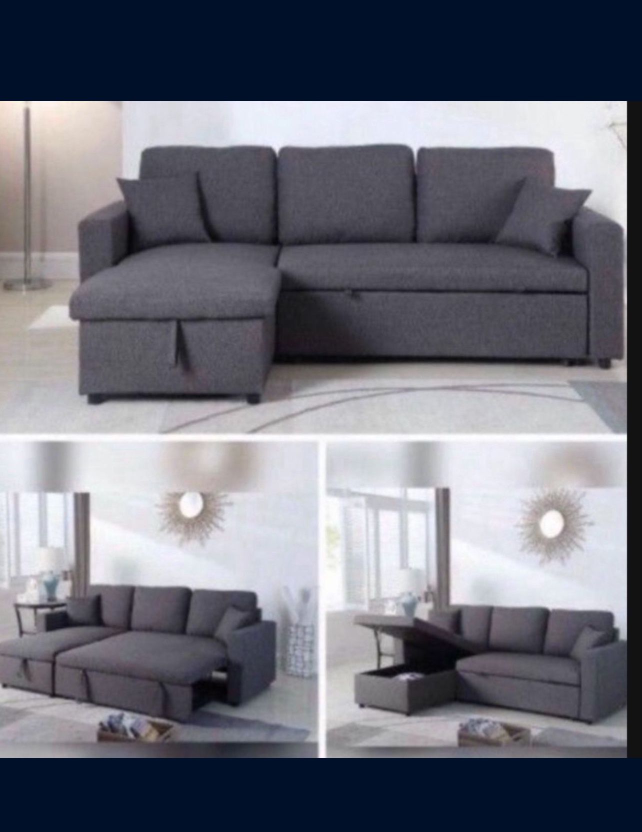 Living room set Sectional Sofa Pullout Bed W / Chaise Storage Fabric 88” X 57” x33”H. Reversible 