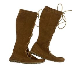 Minnetonka Tan Suede Front Lace Up Tall Boots Tan Fringe Removed 7422 Womens 7