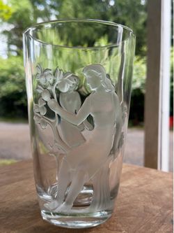 VTG 1940 Verlys Crystal Glass Vase Raised Seasons SPRING ~ Signed 1940
