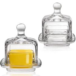 ZOOFOX 2 Pack Glass Butter Dish, Small Glass Butter Keeper with Lid and Easy Grip Handle, Clear Butter Serving Storage Dish with Cover, Square Covered