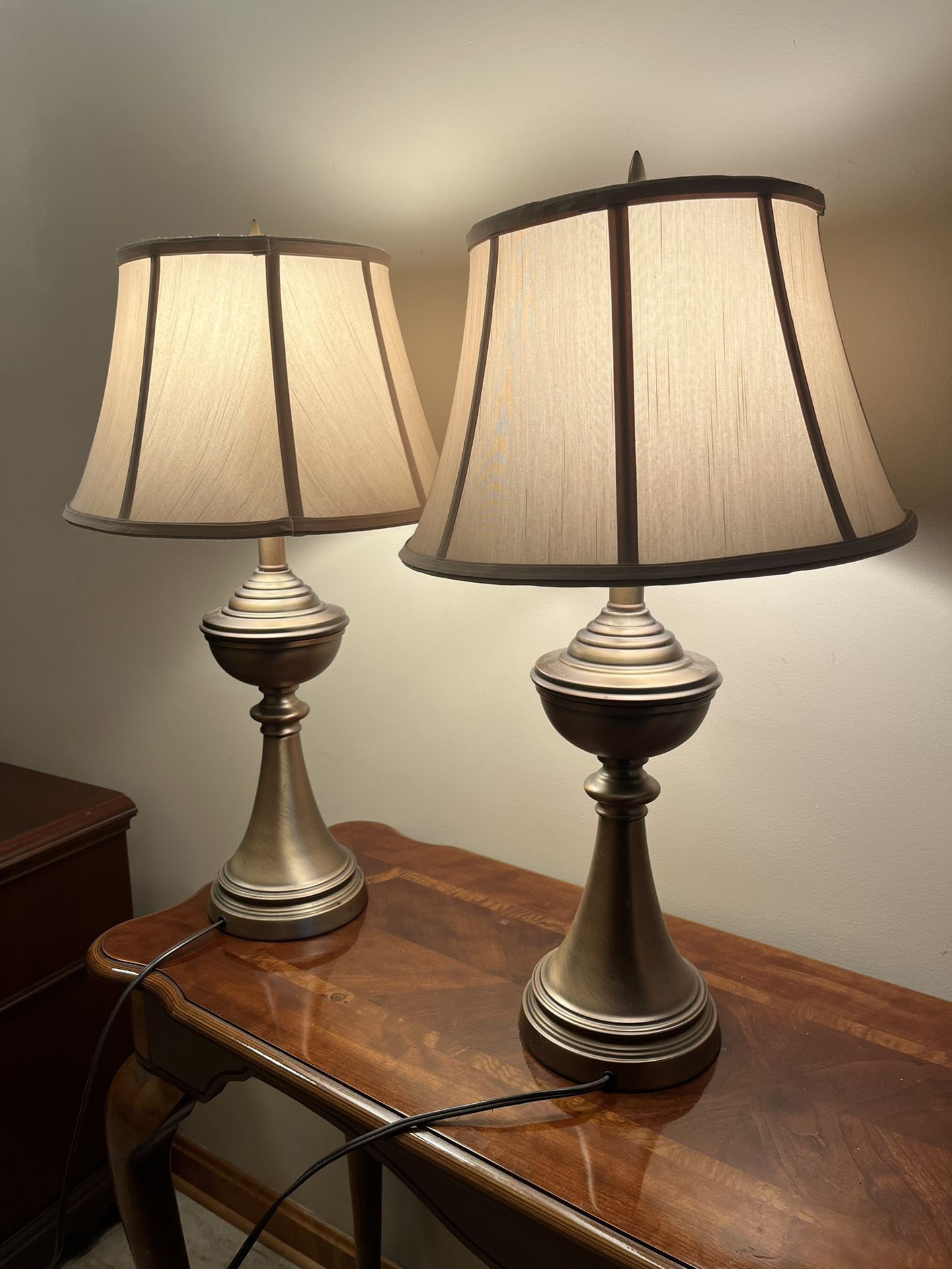 Pair Of Brushed Steel Bronze Tone Lamps