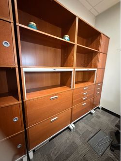 Discontinued IKEA EFFEKTIV modular office storage system in cherry/mahogany finish
