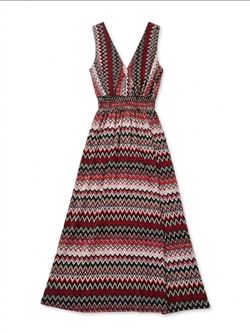 California Woman deep V-neck chevron sleeveless midi dress, M. EUC.