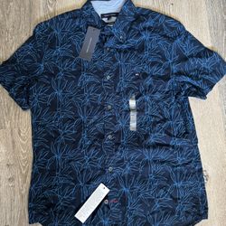 Tommy Hilfiger Men’s Custom Fit Short Sleeve Button Down Bamboo Navy - Medium