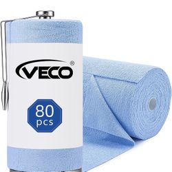 Veco Microfiber Cleaning Cloth Roll with Holder 80 PCS, 12" x 12" Blue Tear Away Reusable Towels, Lint-Free & Streak-Free Cleaning Cloths, Paper Towel