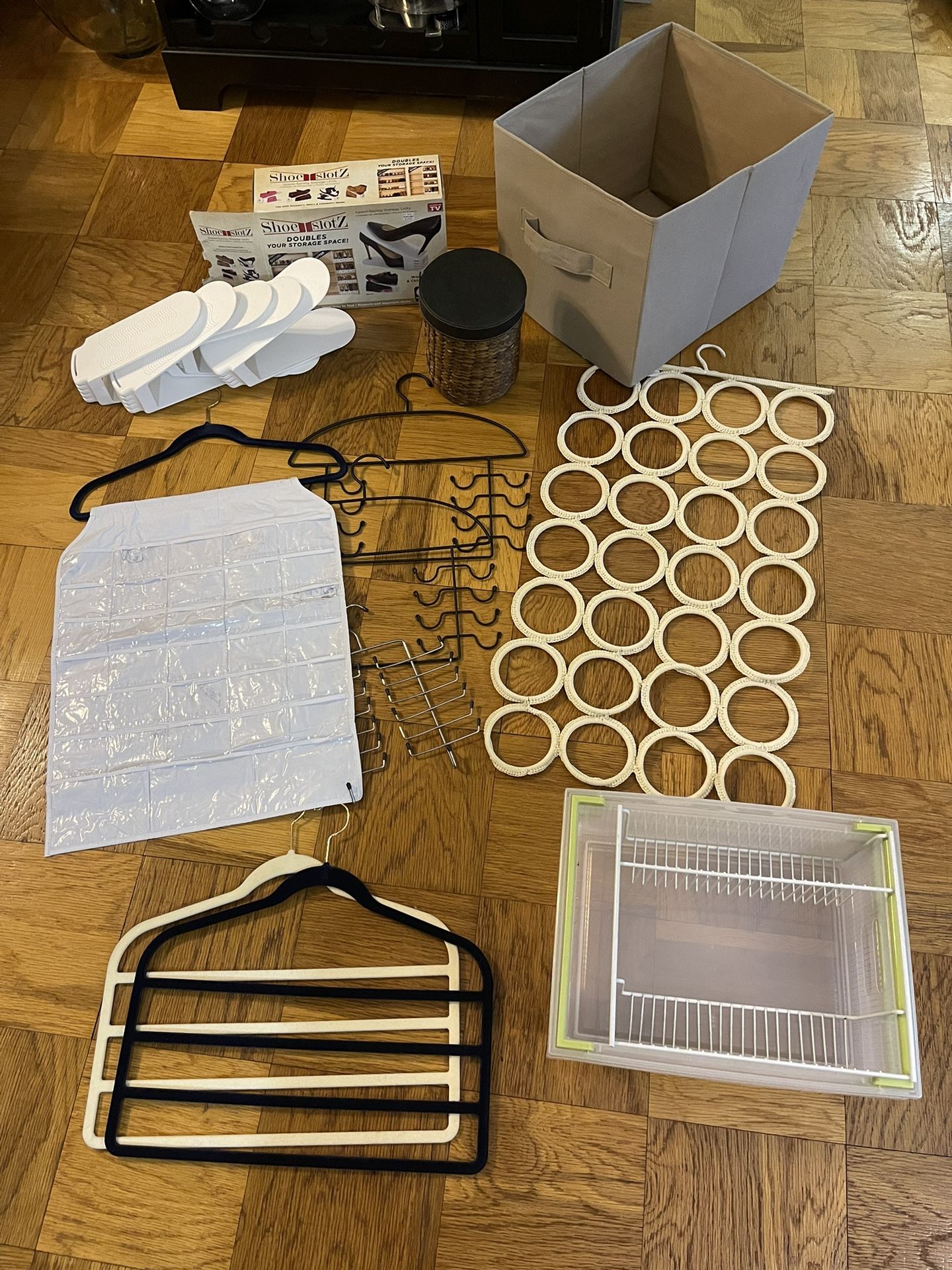 Bundle of Closet / Bedroom Organizers - All in excellent condition!  • Multi Pants Hangers  • Plastic Stackable Bins  • Pier One Scarf Hanger • Belt/ 