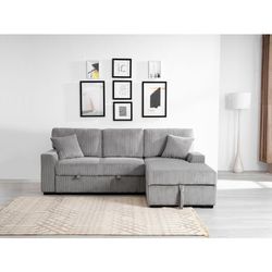 RIGHT Hand Facing Corduroy Fabric Upholstered Chaise Storage Pull Out Bed Sectional Sofa